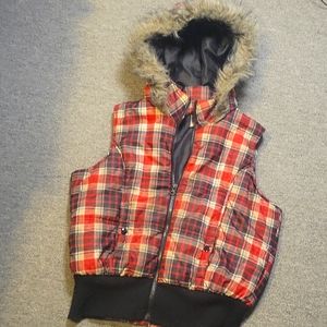 Red Plaid Bubble Vest with Fur Collar